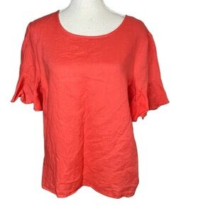 For Cynthia Top Lagenlook 100% Linen Coral Ruffle Sleeves Excellent Condition L‎